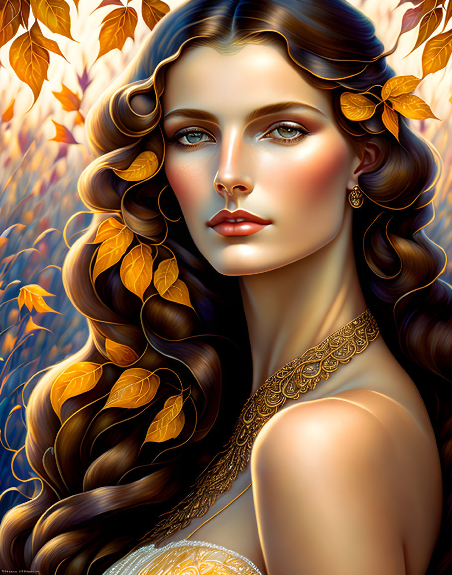 Woman with Wavy Hair Surrounded by Autumn Leaves & Intricate Jewelry