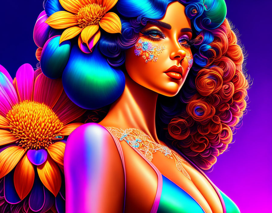 Colorful digital portrait of a woman with blue hair and floral accents