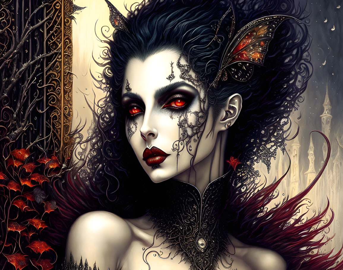 Gothic female figure with pale skin, red eyes, tattoos, dark hair, lace collar,