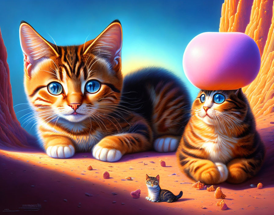 Two large cartoonish kittens with blue eyes on rocky terrain under a blue sky, one wearing a pink