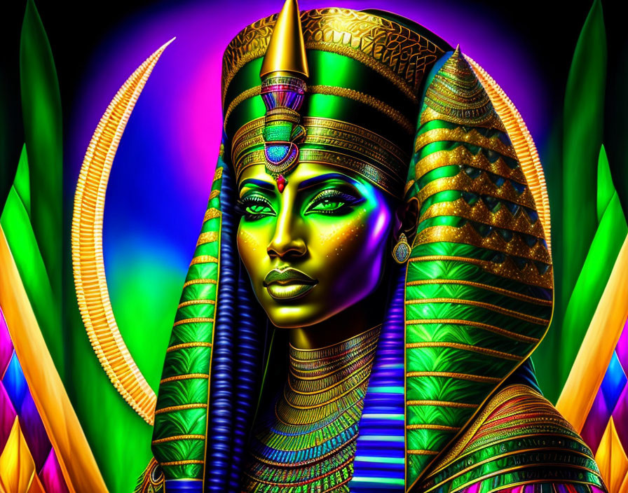 Colorful digital artwork of a stylized woman with Egyptian headdress and makeup