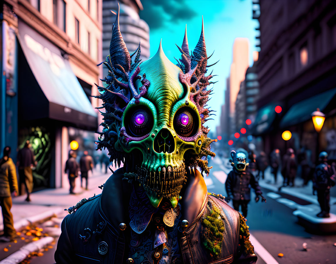 Elaborate skull mask with horns and purple eyes on city street at dusk