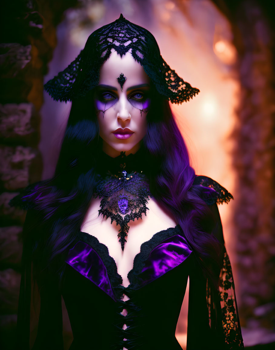 Gothic-inspired costume with dark makeup in mystical forest setting