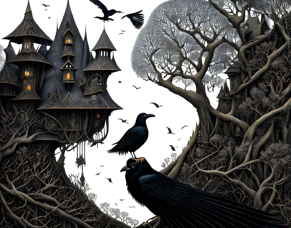 Detailed gothic illustration of dark house, twisted trees, and ravens.