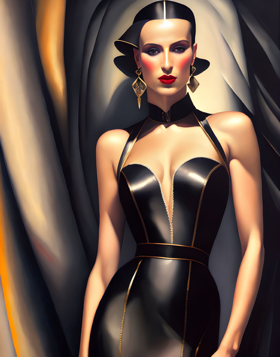 Illustration of woman with slicked-back hair and dramatic makeup in black halterneck dress.