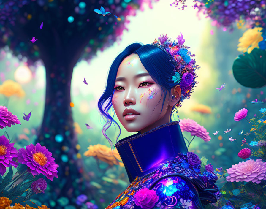 Colorful portrait of woman with floral hair adornments in surreal garden