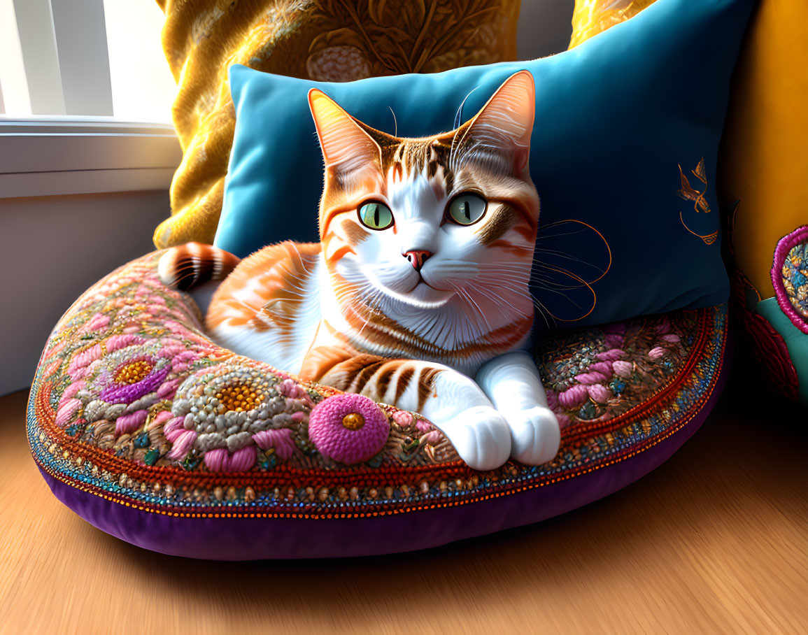 Orange and White Cat with Green Eyes on Colorful Cushion by Sunlit Window