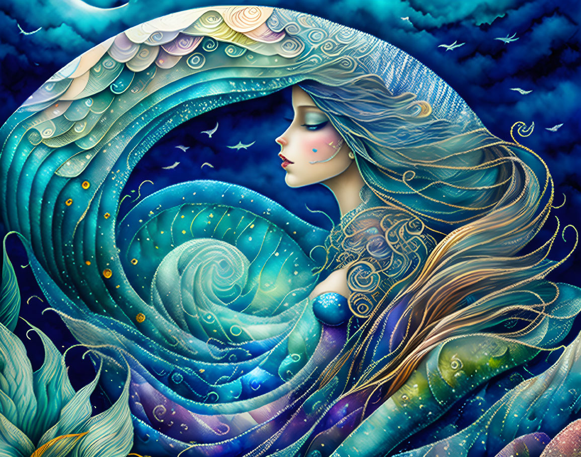 Illustration of woman merged with celestial sea and star-adorned flowing hair.