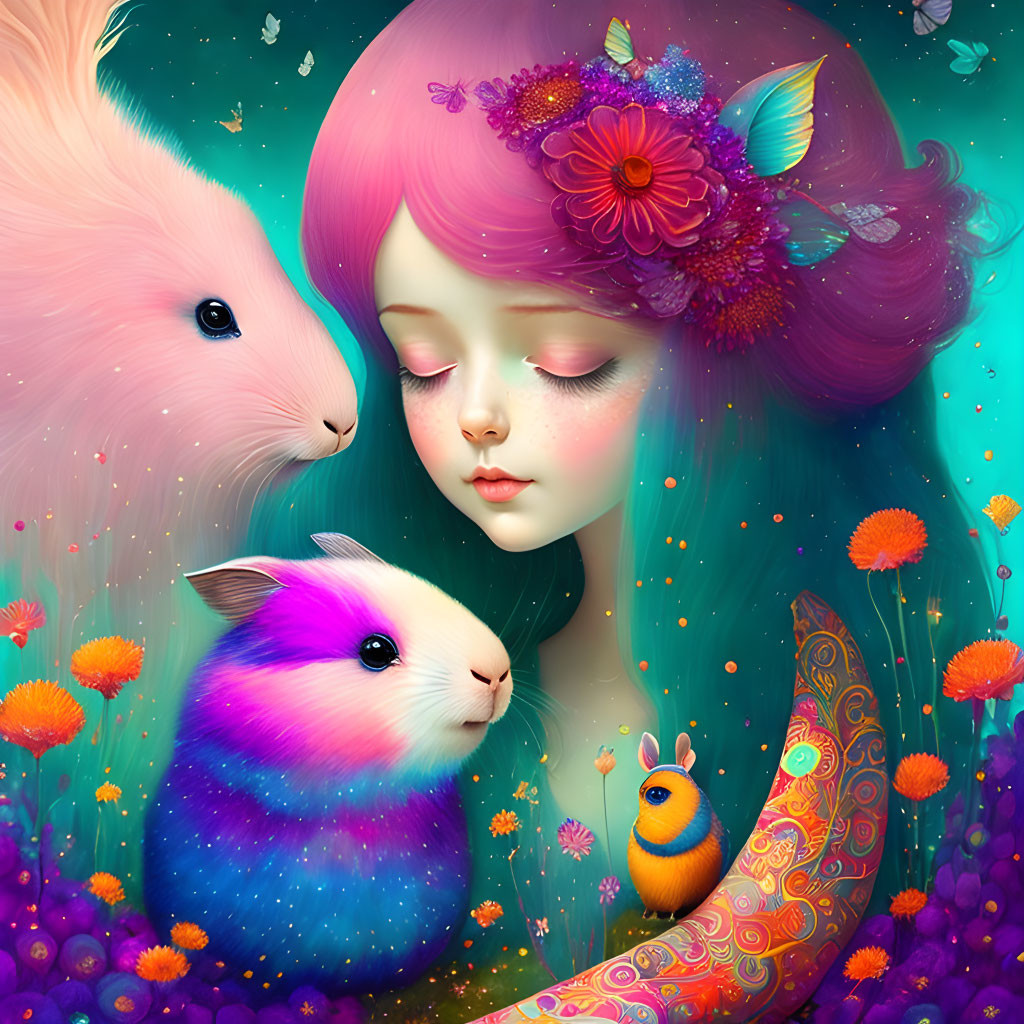 Colorful Artwork: Girl with Floral Crown & Oversized Guinea Pigs amid Vibrant Flowers