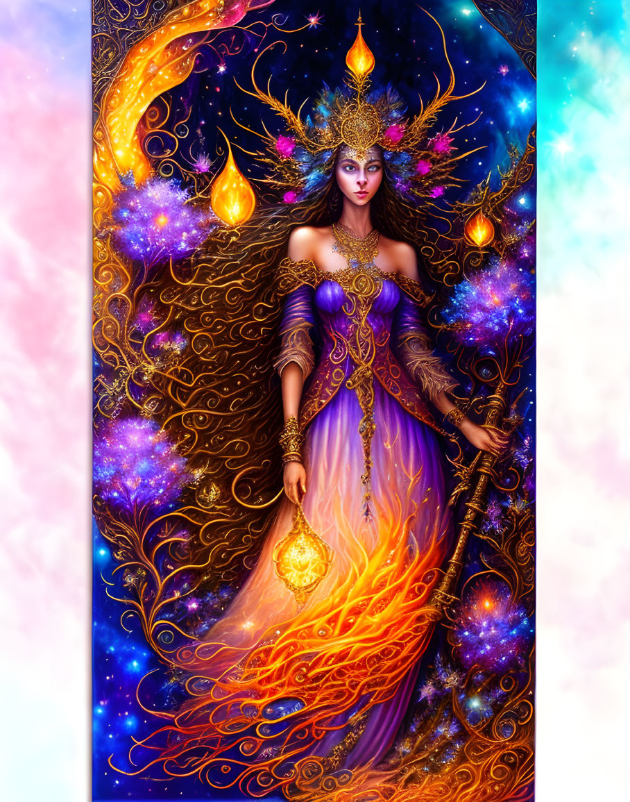 Majestic female figure in cosmic attire with golden ornaments.