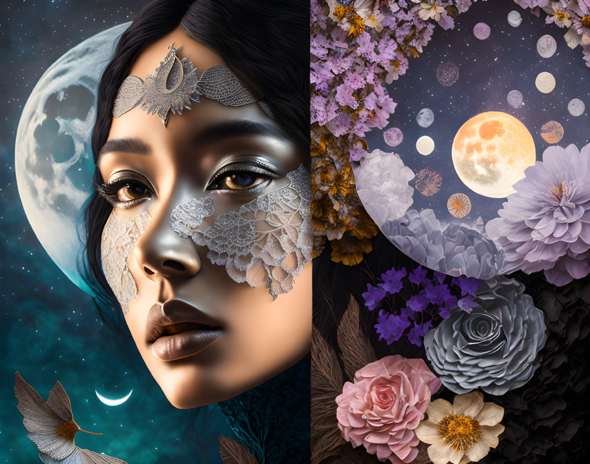 Digital artwork: Woman's face with lace patterns, moons, flowers, butterflies