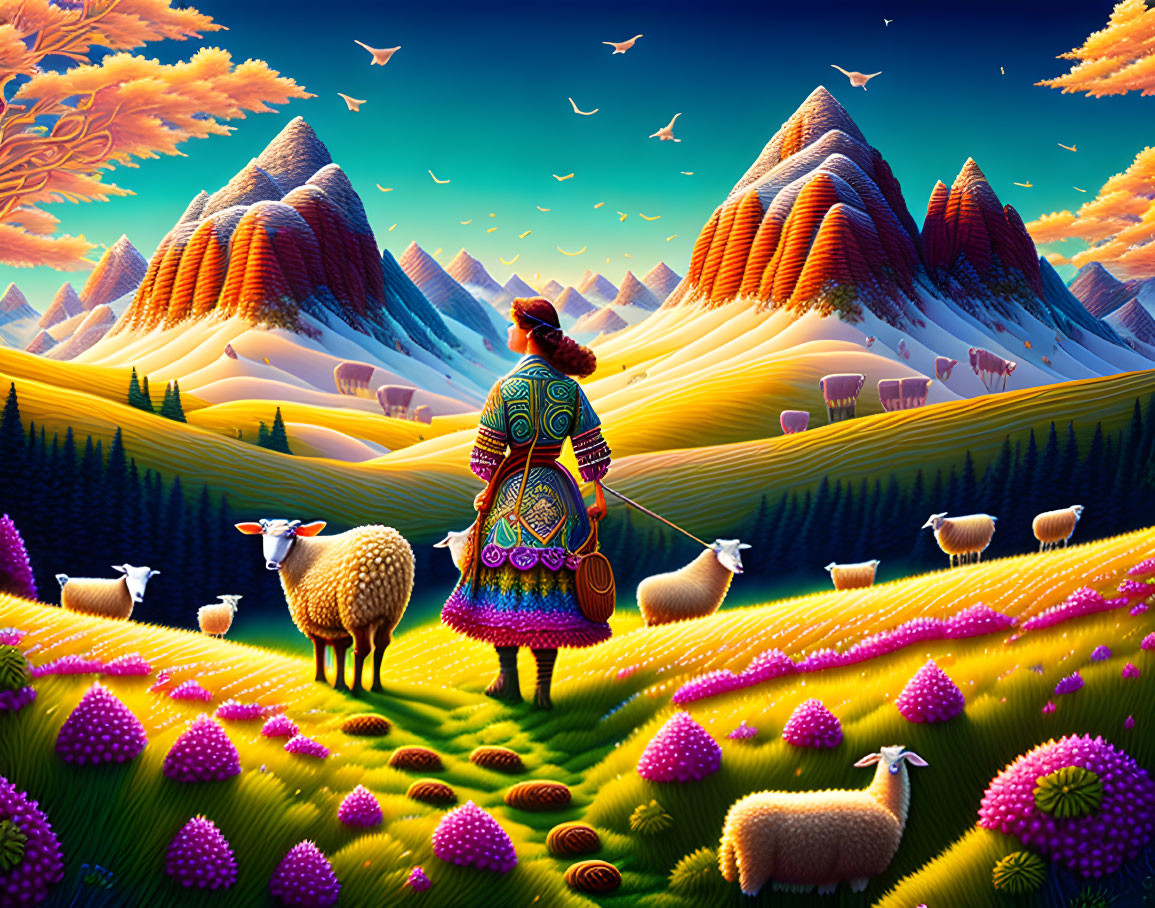 Colorful Andean shepherd painting with sheep, purple fields, mountains, and birds.