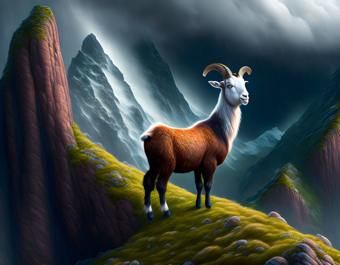 Mountain goat on grassy cliff amid stormy sky with rain