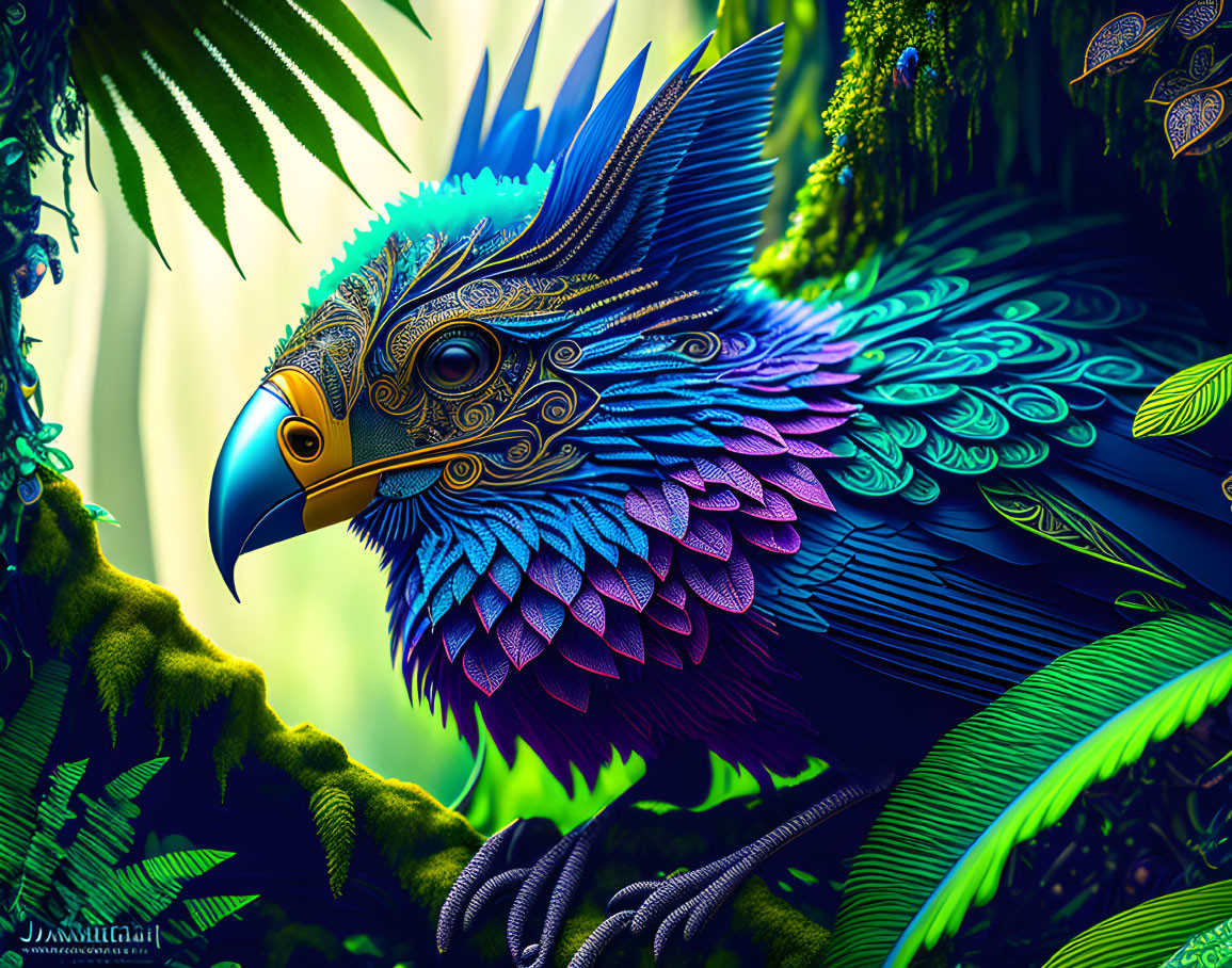 Vibrant digital artwork of bird with blue, green, and gold feathers on jungle branch