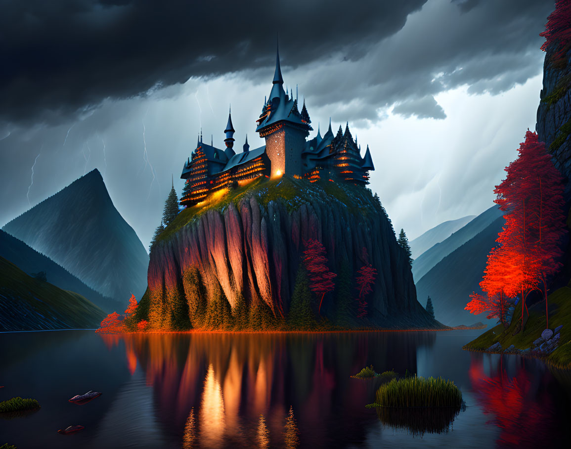 Mystical castle on cliff with autumn trees, reflected in stormy sky with lightning