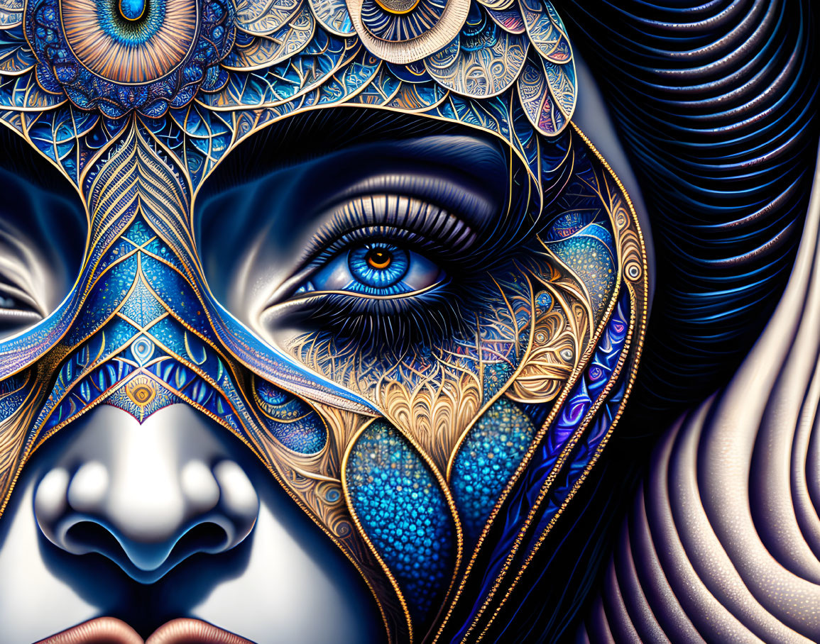 Detailed colorful illustration of stylized female face with elaborate patterns and textures and captivating blue eye