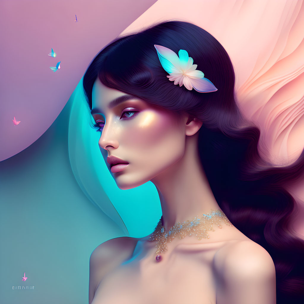 Woman's portrait with radiant skin, white flower, butterflies, pastel background