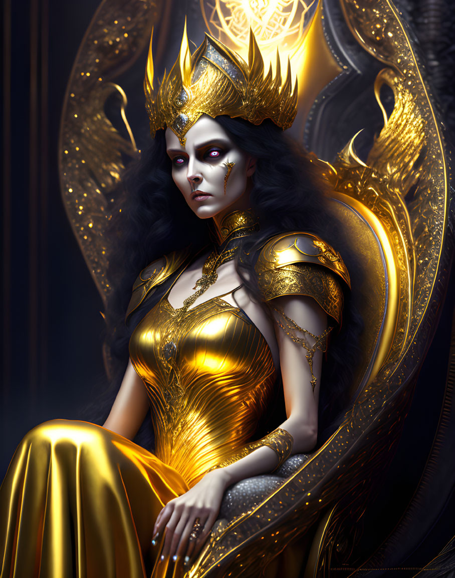 Regal figure in gold costume with glowing emblem background