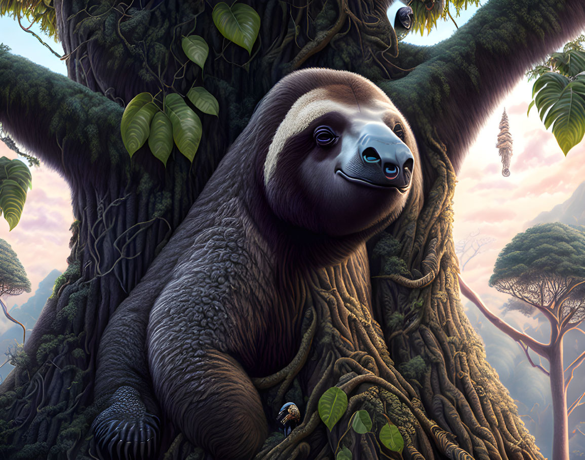 Smiling sloth on tree branch in lush forest