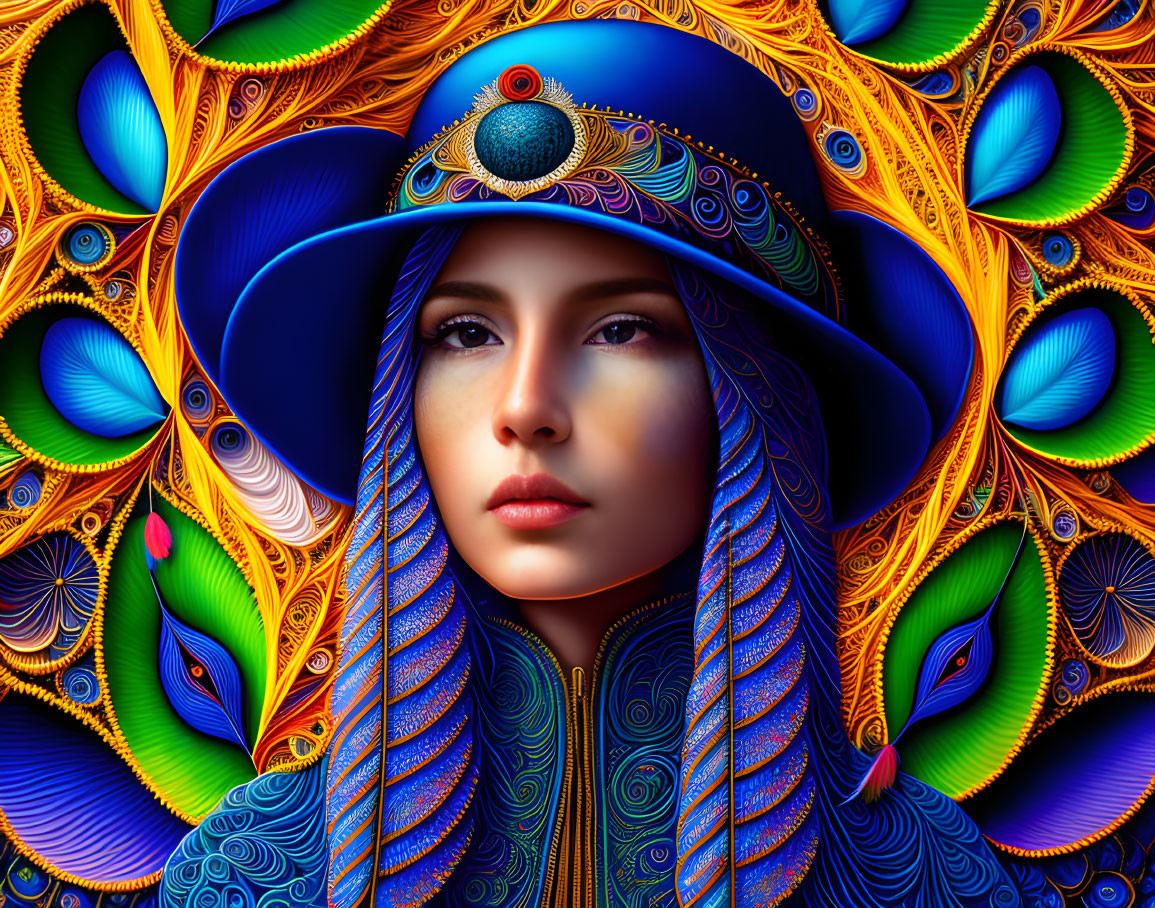 Digital artwork: Woman with porcelain skin, peacock feathers, blue feathered hat