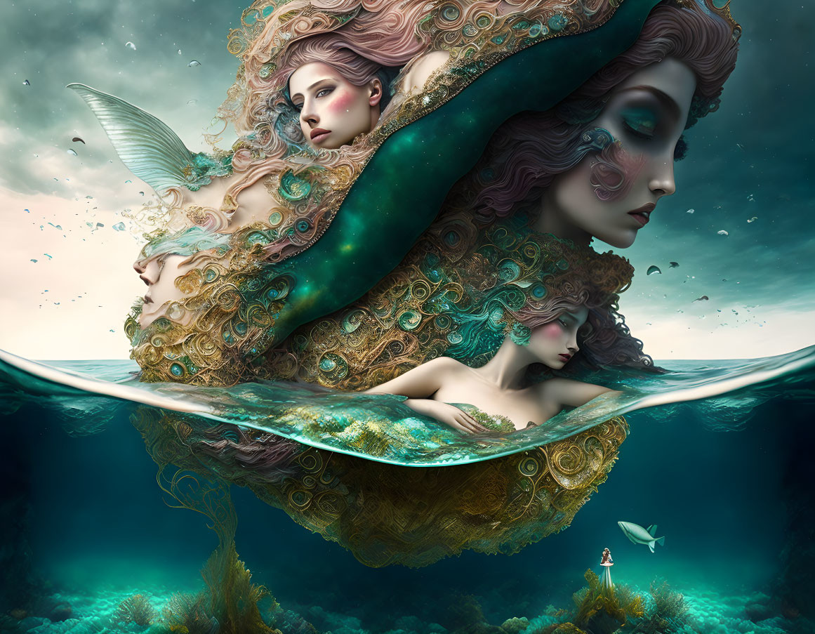 Ethereal women in water surrounded by dreamy landscape