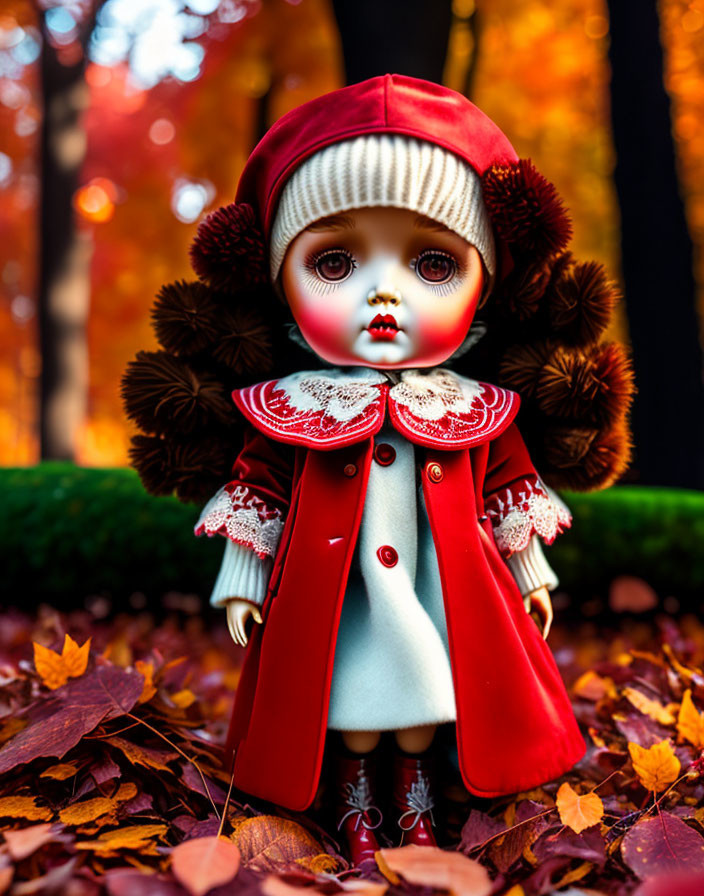 Doll in Red Hood and White Dress Surrounded by Autumn Leaves