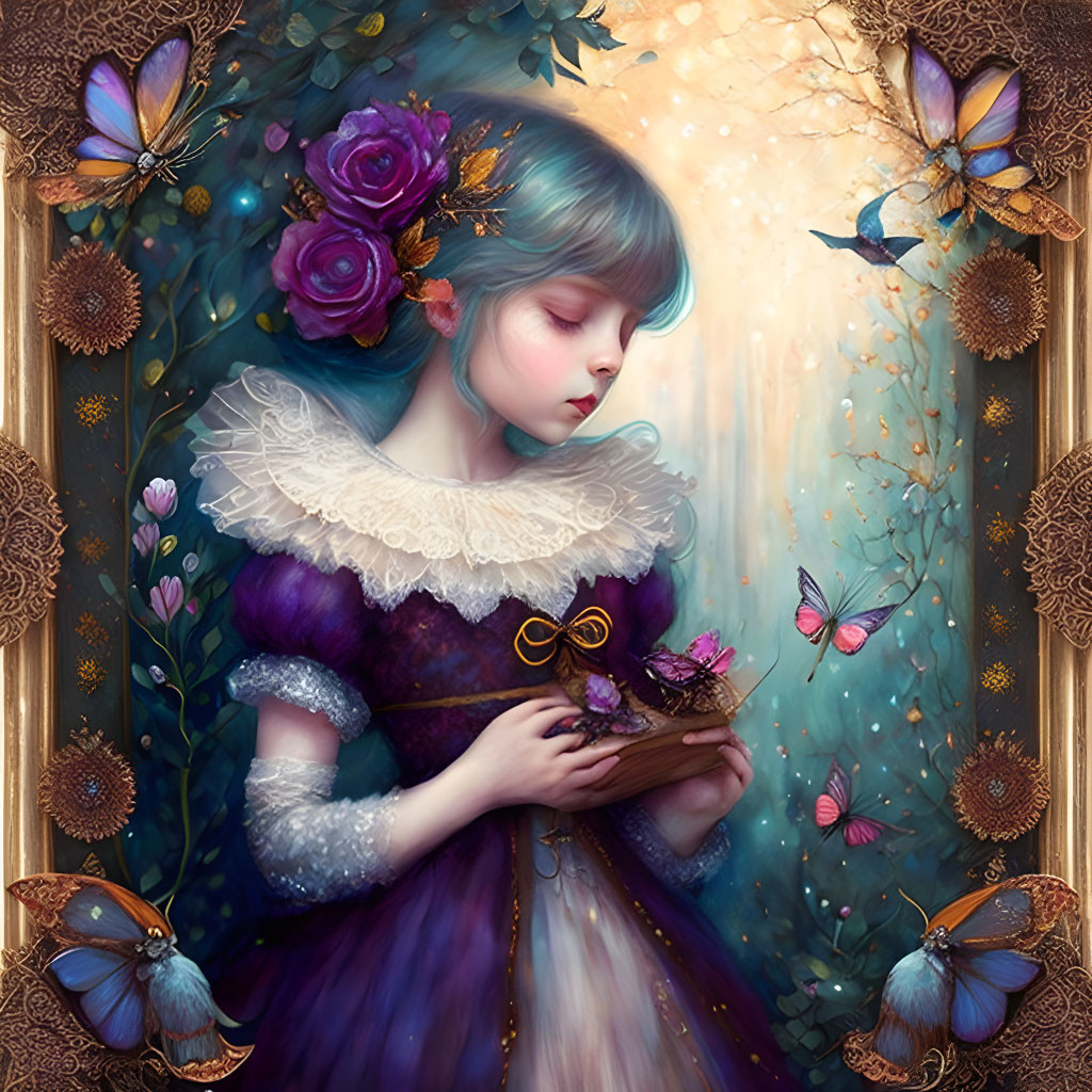 Fantastical artwork of a girl with flowers, bird's nest, and butterflies in enchanting forest