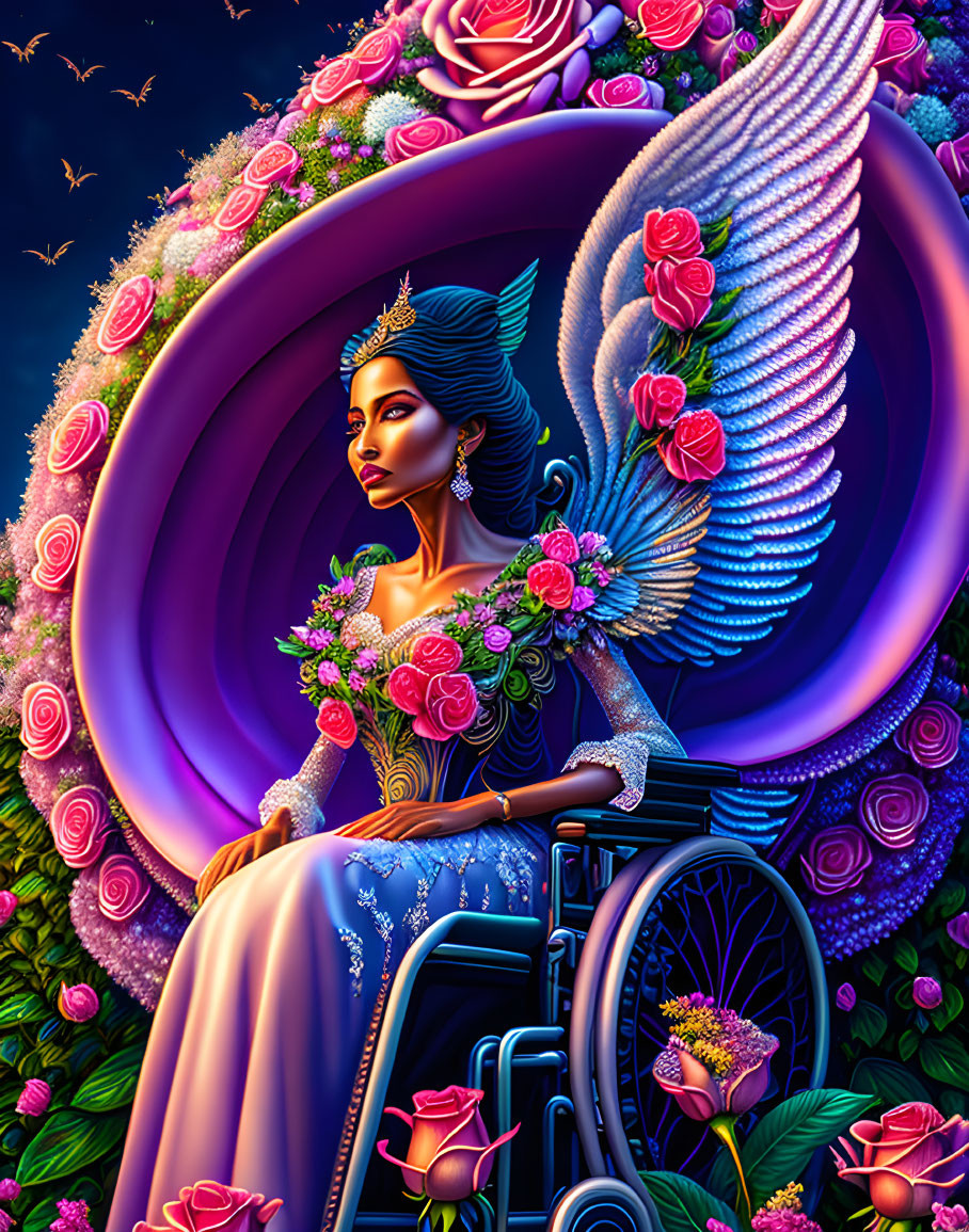 Illustrated woman in wheelchair with crown, gown, wings & flowers