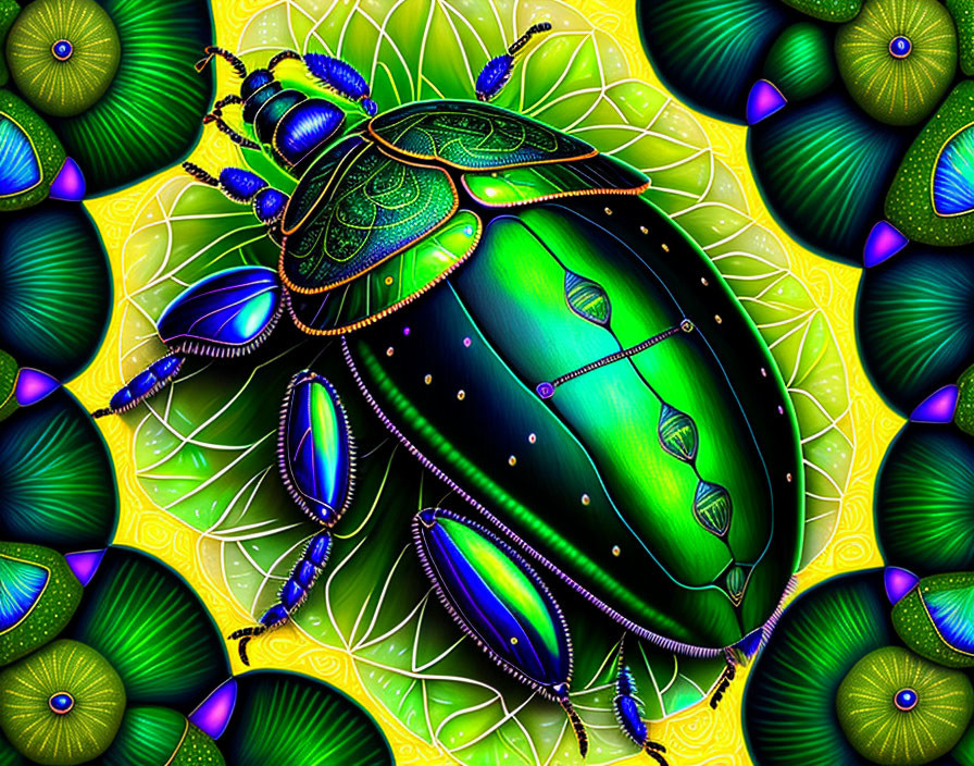 Colorful digital artwork: Jewel-like beetle surrounded by vibrant peacock feather designs