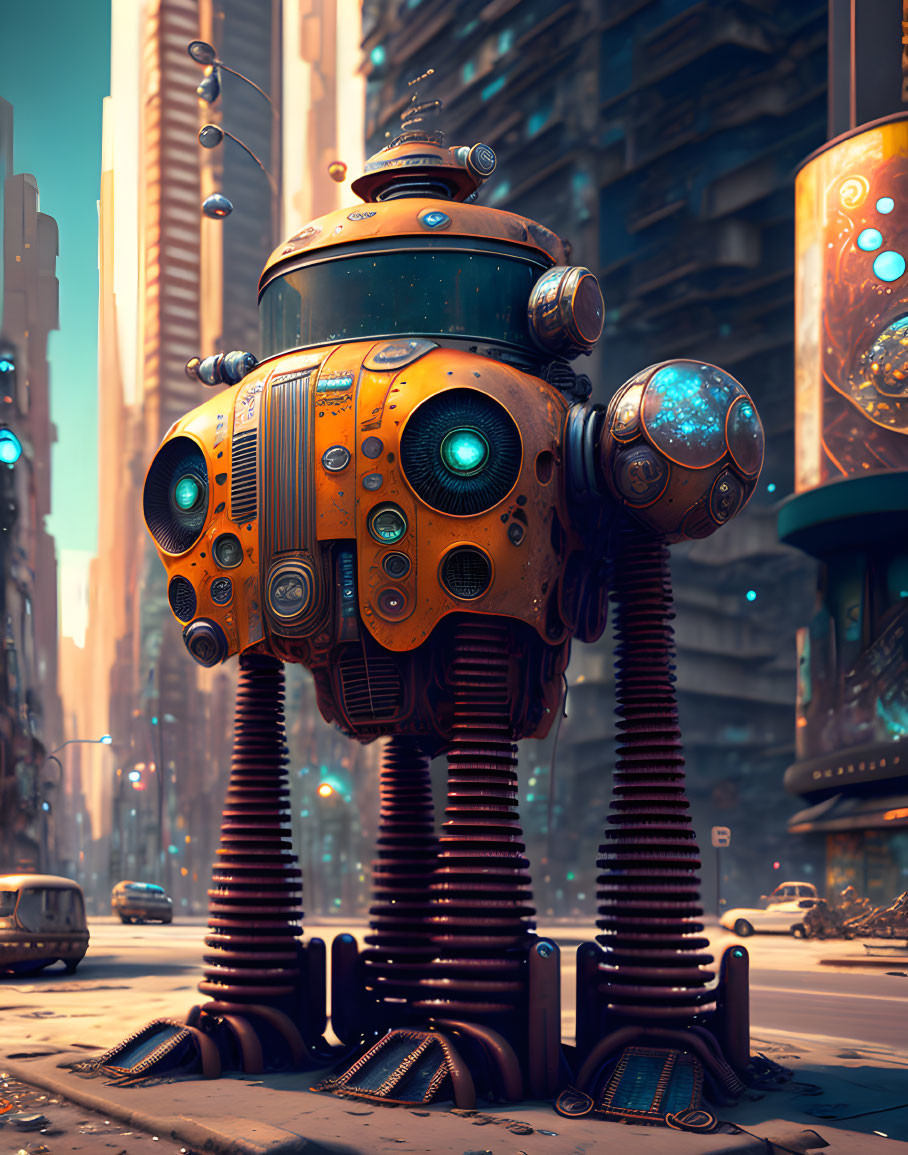 Futuristic robot with blue glowing eyes in deserted city street