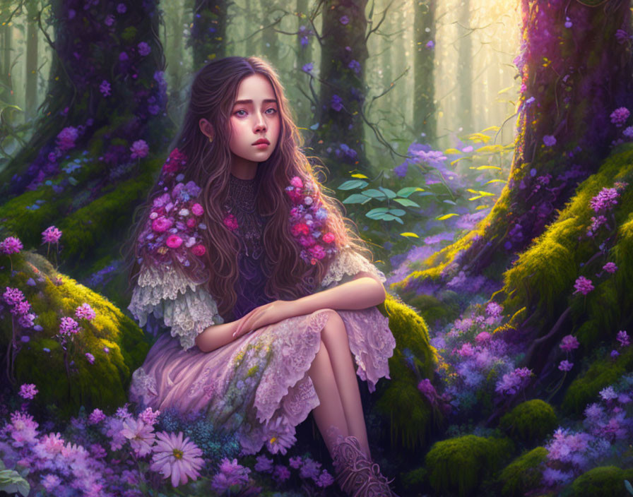 Young woman in mystical forest with flowing hair and flowers, illuminated by light