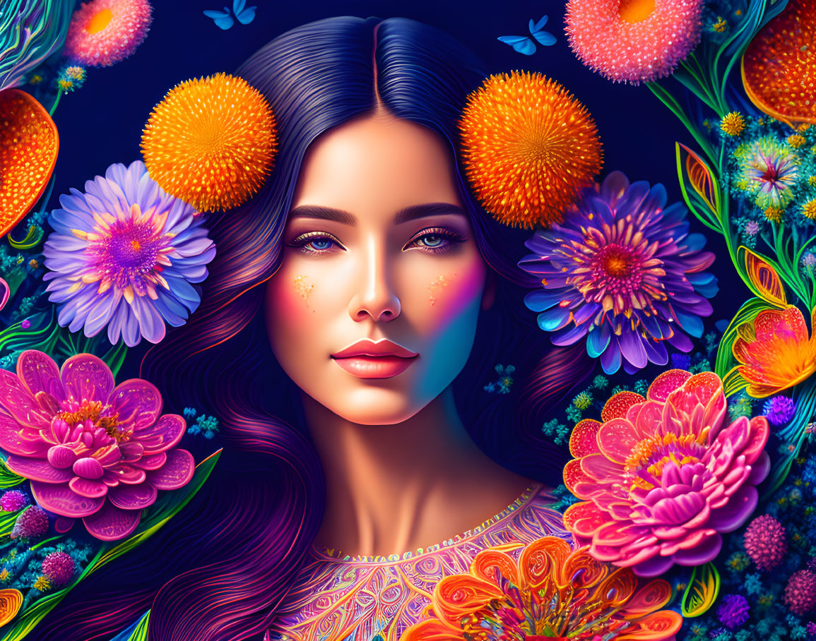 Colorful woman surrounded by detailed flowers on dark blue background