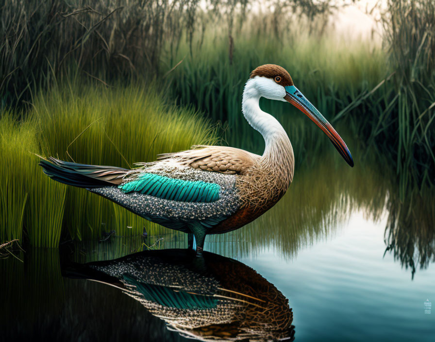 Colorful Pelican Standing by Water Among Reeds with Reflection