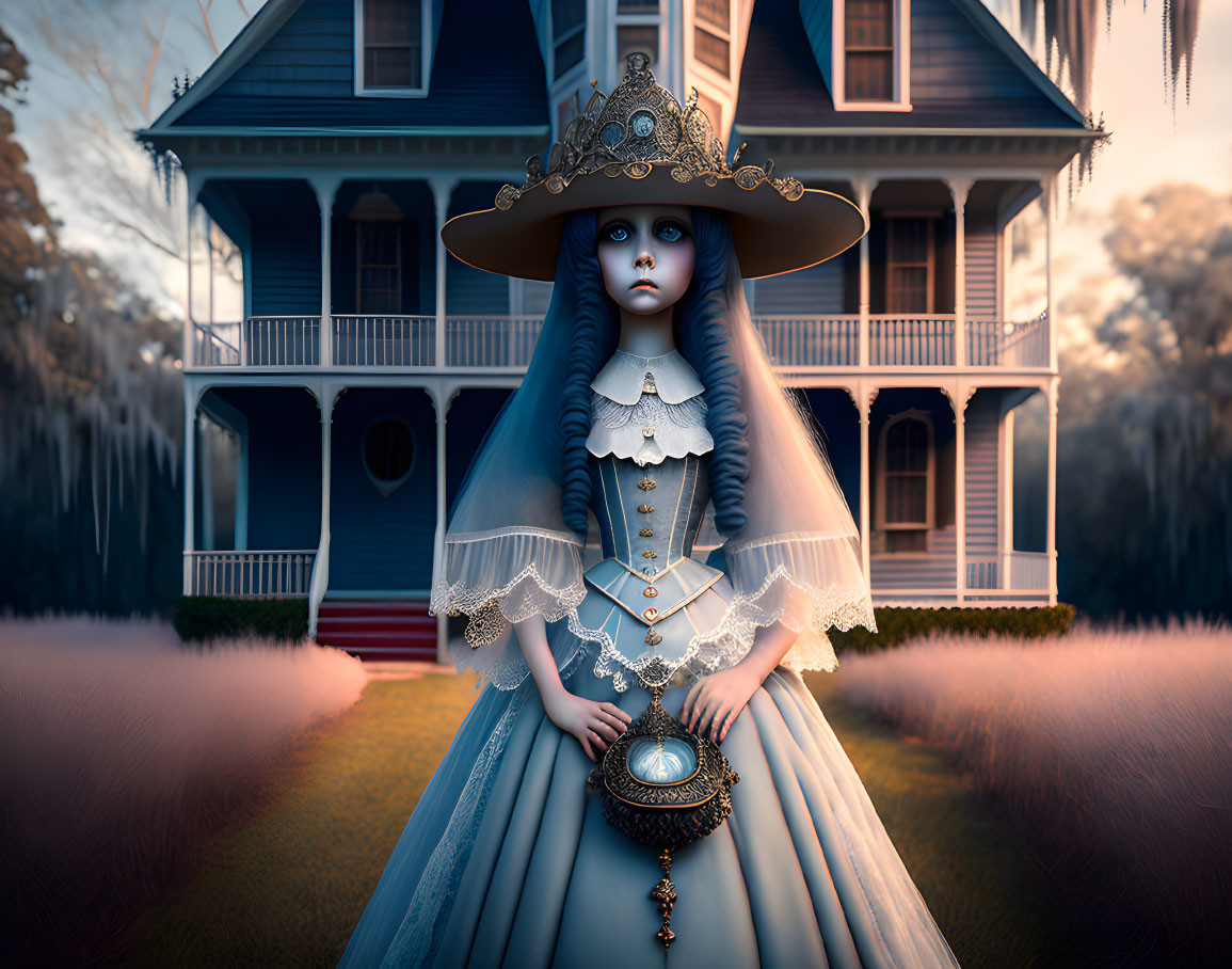 Gothic doll-like character in Victorian dress by old-fashioned blue house