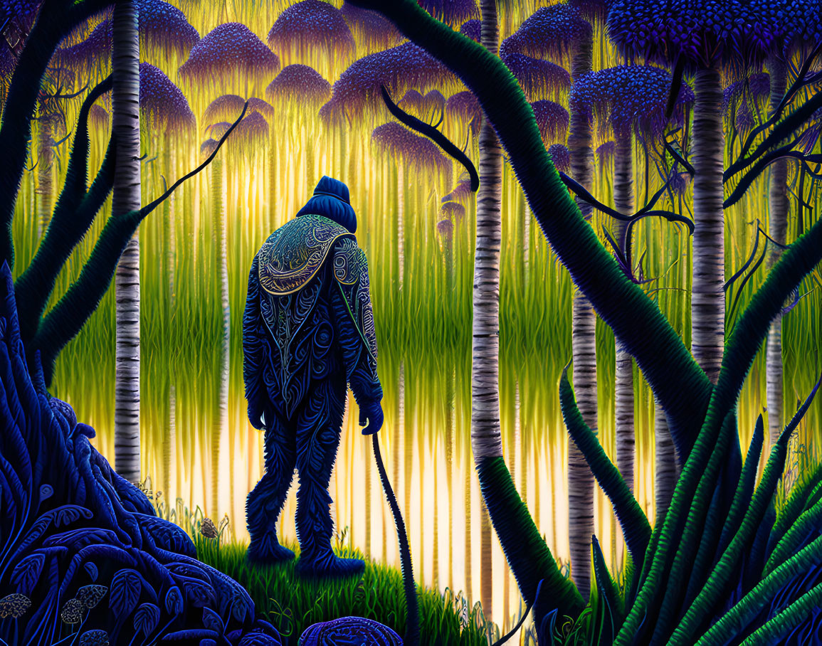 Person in patterned cloak walking in vibrant, stylized forest at night