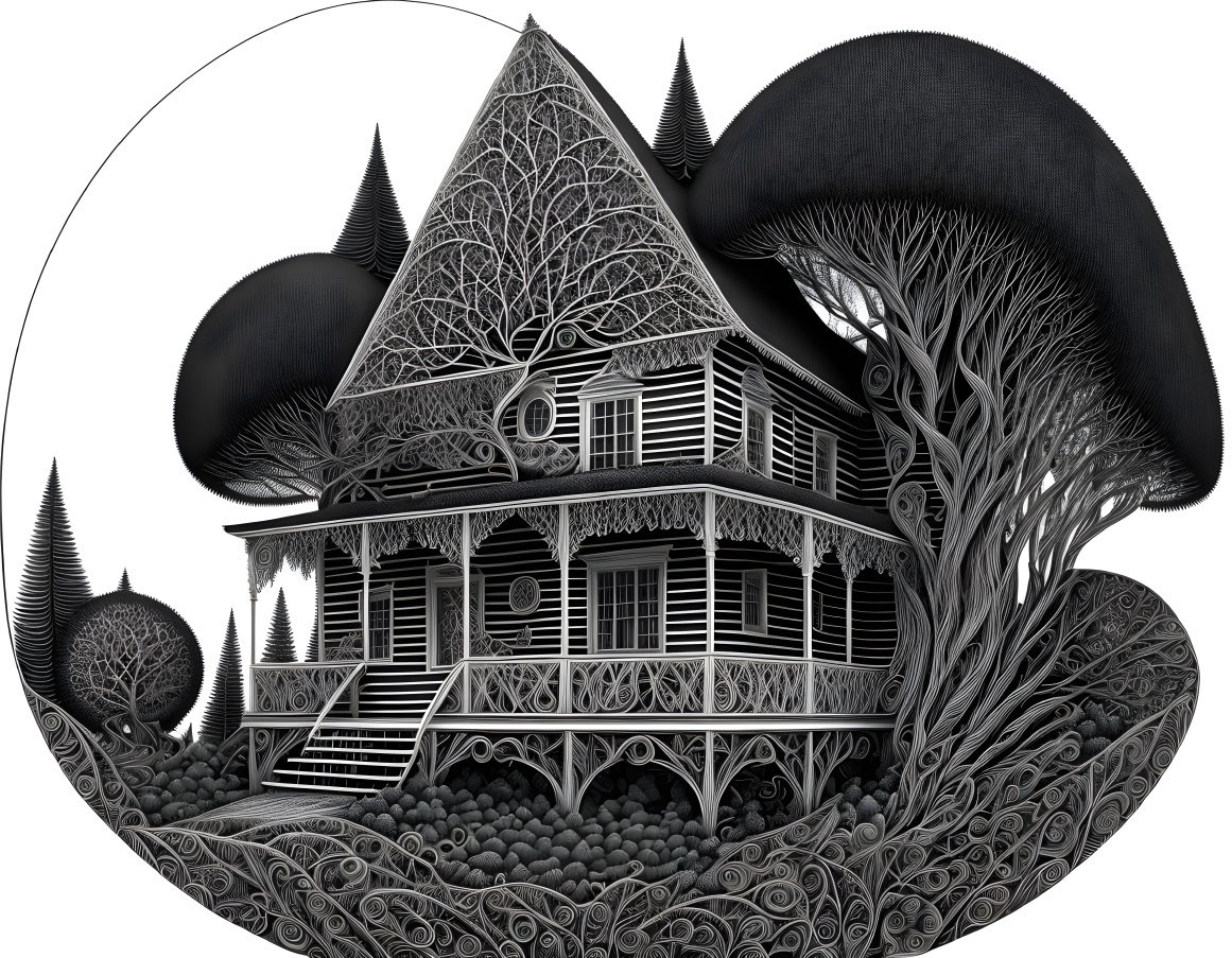 Detailed Monochromatic Victorian House Surrounded by Twisted Trees