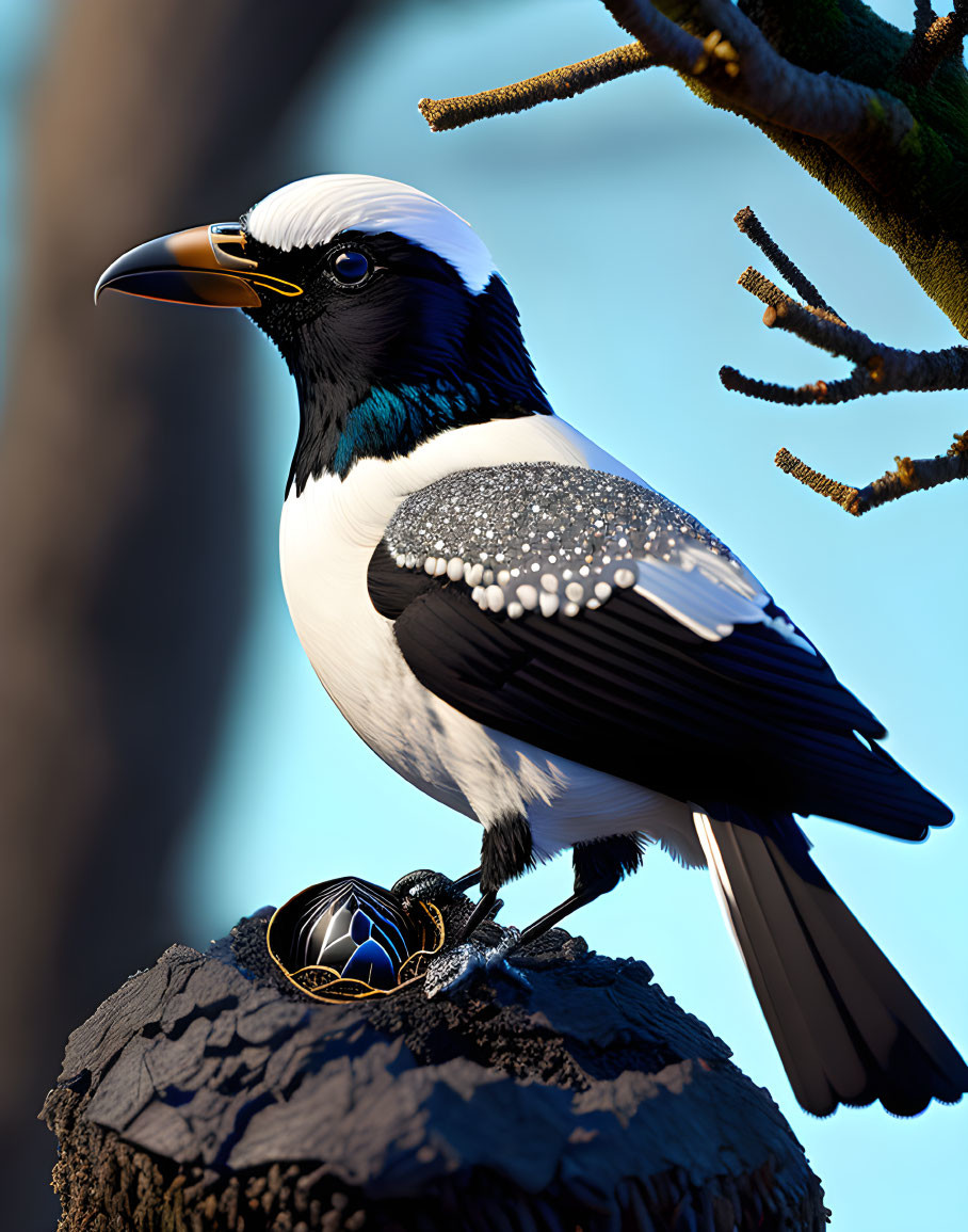 Stylized computer-generated black and white bird on rock with sparkling plumage