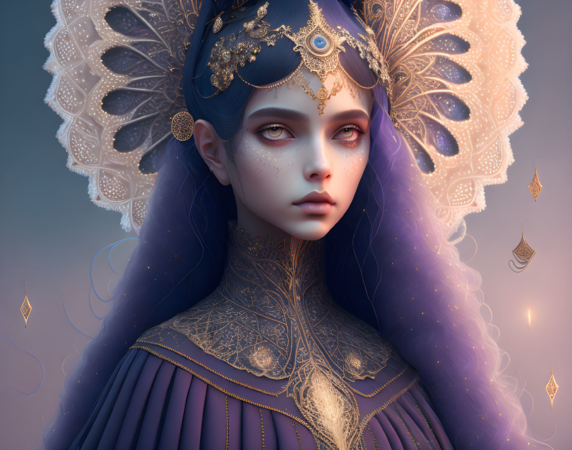 Fantastical blue-skinned woman in ornate attire against mystical backdrop