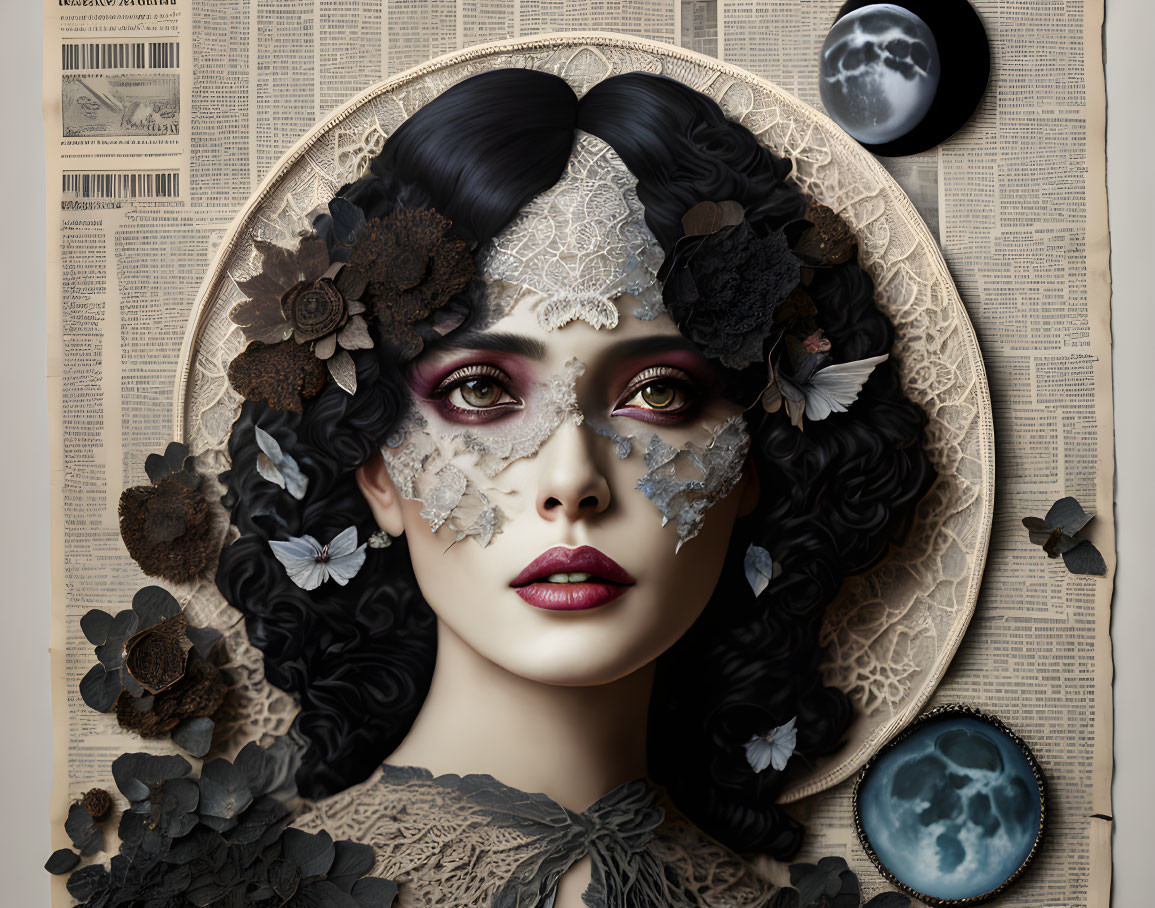 Detailed digital artwork: Woman with dark hair, lace, silver makeup, butterflies, flowers, newspaper collage