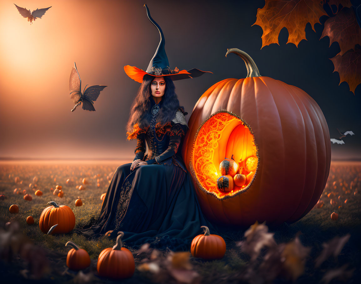 Woman in witch costume with illuminated pumpkin and bats on autumn background.