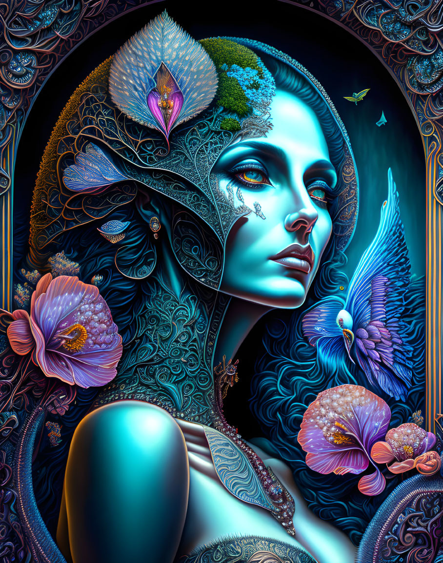 Colorful woman with blue skin in ornate setting with nature elements