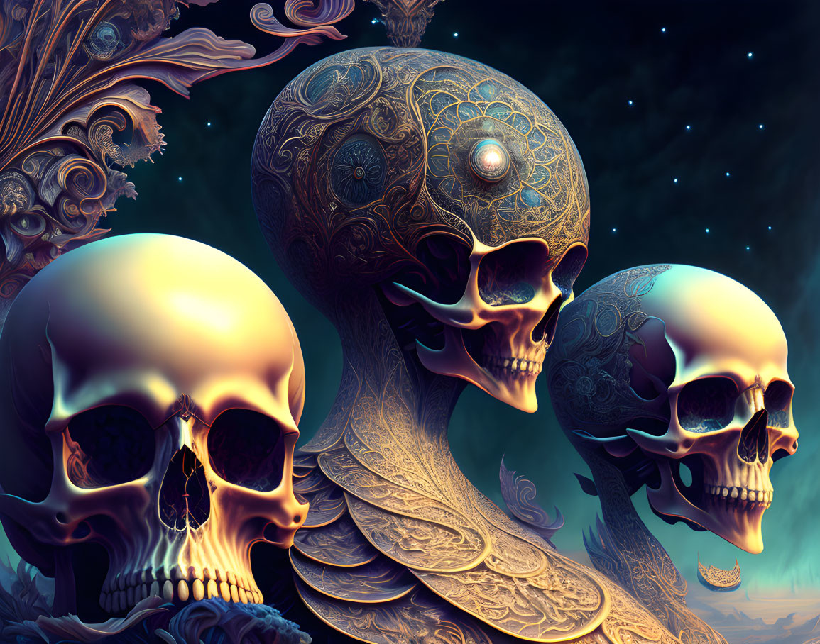 Ornately patterned skulls with third eye on cosmic backdrop