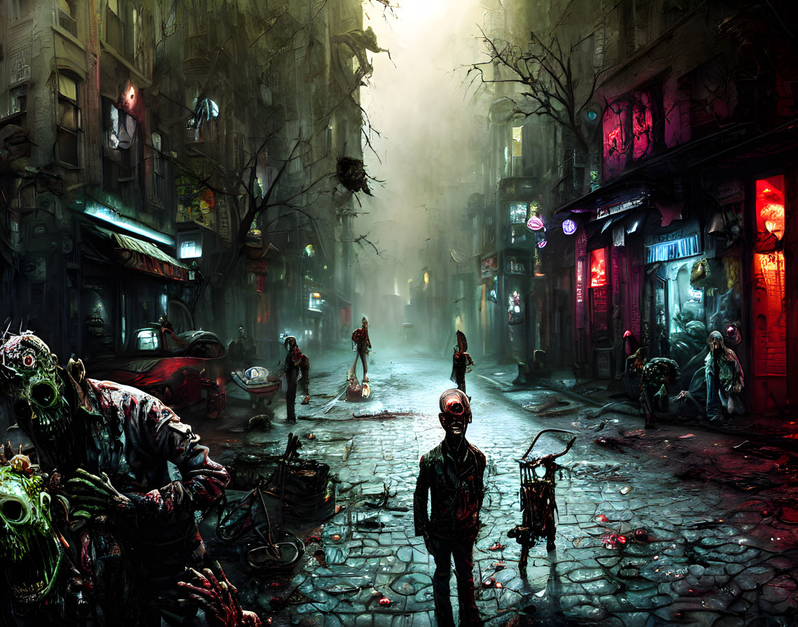 Desolate post-apocalyptic street with ruined buildings and neon signs