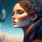 Digital artwork: Woman with blue hair and decorative patterns gazing at a butterfly in dreamy background