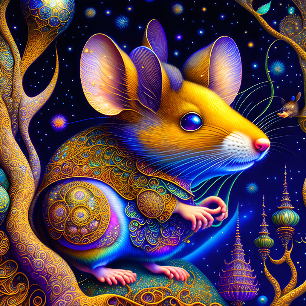 Colorful Psychedelic Mouse Illustration with Celestial Theme