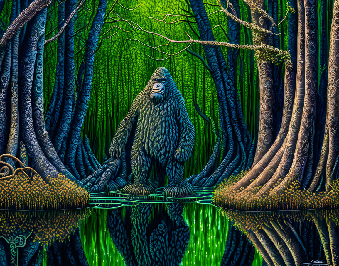 Mystical creature in vivid forest with swirling trees and green pond