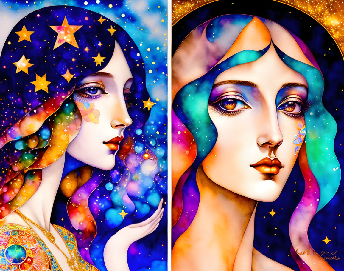 Colorful Artwork: Stylized portraits of women with cosmic motifs and stars in hair.