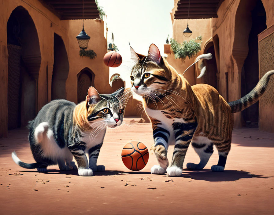 Animated cats play with orange ball in sunlit street with earthen walls.