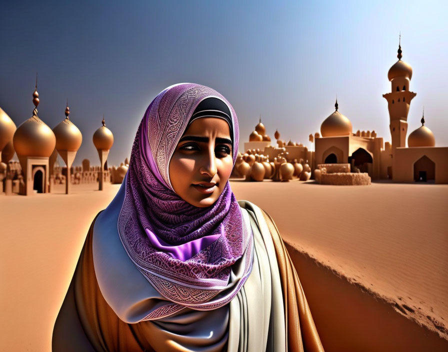 Stylized image of woman in hijab with ornate patterns and golden-domed mosque background