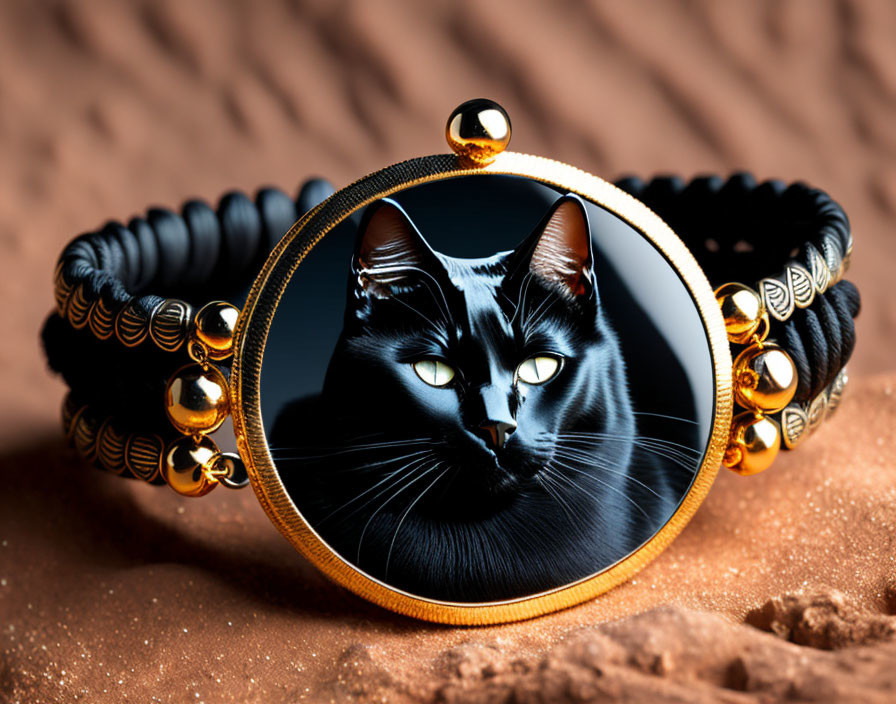 Black Cat Bracelet with Golden Frame on Sandy Background